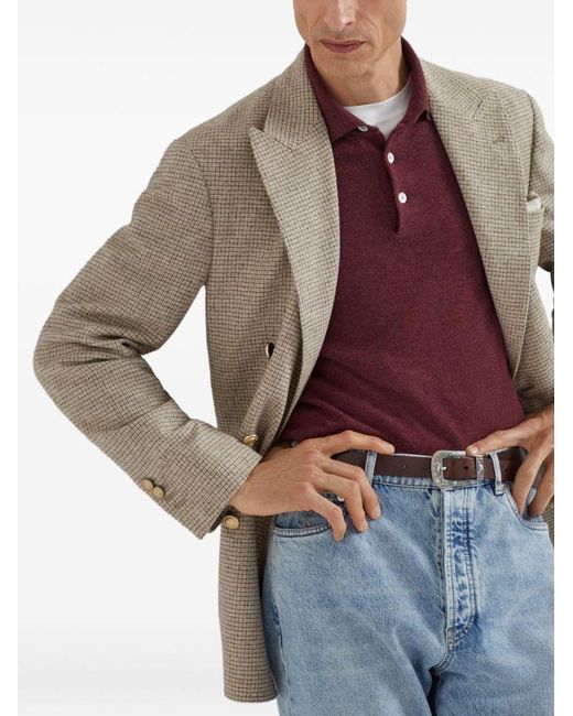 Brunello Cucinelli Red Long-Sleeve Cashmere Polo Shirt for men
