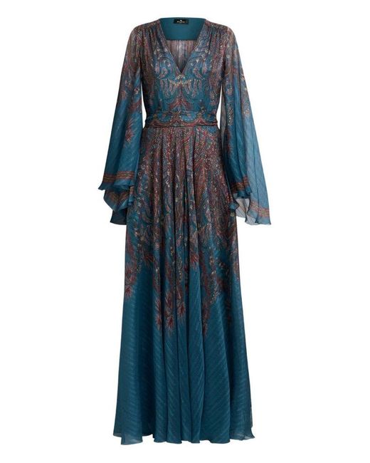 Etro Blue Long Dress With Paisley Print