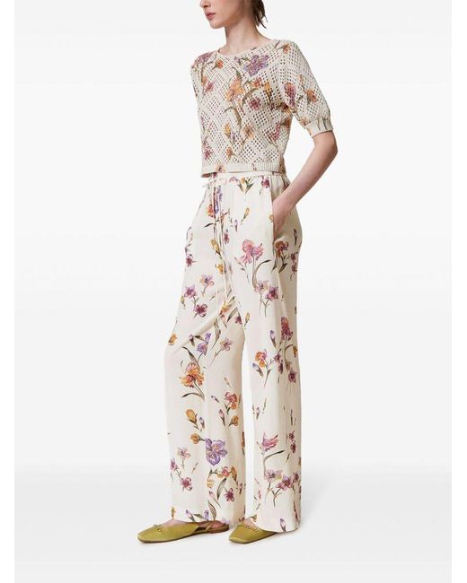 Twinset White Trousers With Floral Pattern
