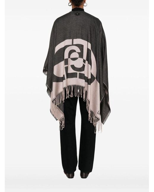 Liu Jo Black Logo-Detail Fringed Poncho