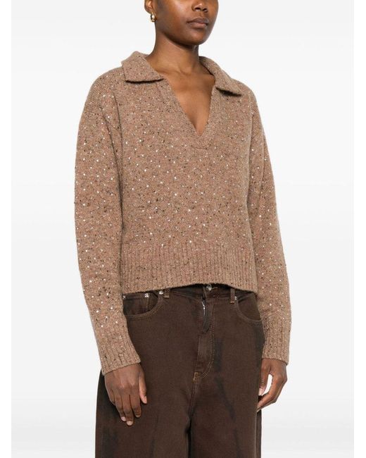 Pinko Natural Rhinestone-Embellished Polo-Neck Sweater
