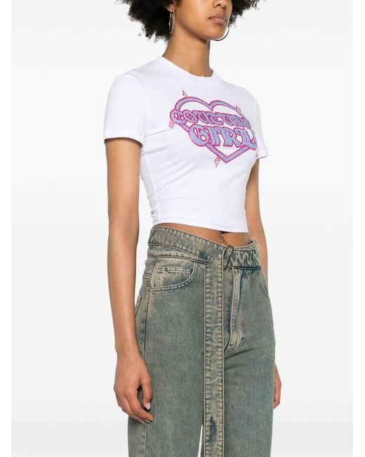 | T-shirt crop in cotone stretch con stampa con glitter | female | BIANCO | M di Versace in Pink