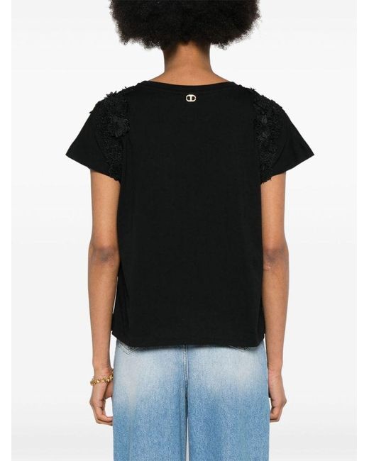 | T-shirt in cotone con fiori applicati | female | NERO | XS di Twin Set in Black