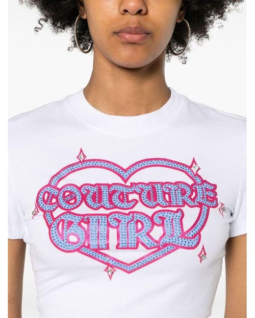 | T-shirt crop in cotone stretch con stampa con glitter | female | BIANCO | M di Versace in Pink