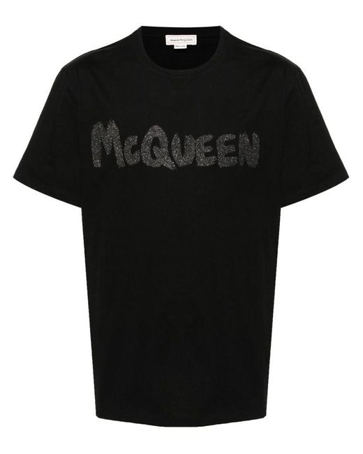 | T-shirt in cotone con stampa logo frontale con strass | male | NERO | XL di Alexander McQueen in Black da Uomo