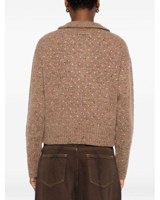 Pinko Natural Rhinestone-Embellished Polo-Neck Sweater