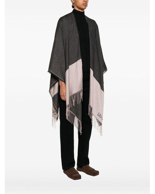 Liu Jo Black Logo-Detail Fringed Poncho