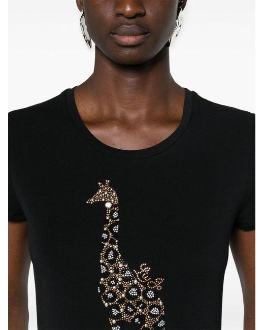 | T-shirt in cotone stretch con stampa giraffa con strass | female | NERO | M di Liu Jo in Black