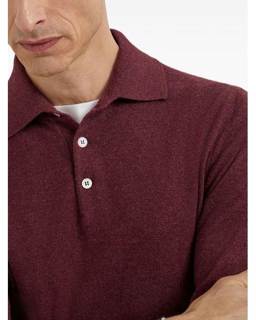 Brunello Cucinelli Red Long-Sleeve Cashmere Polo Shirt for men