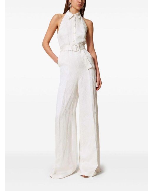 Twinset White Linen Blended Jumpsuit