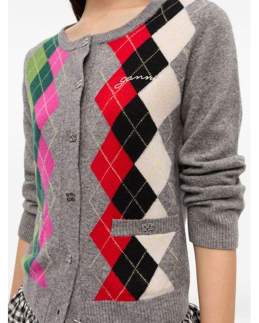 Ganni White Argyle Wool Blend Cardigan
