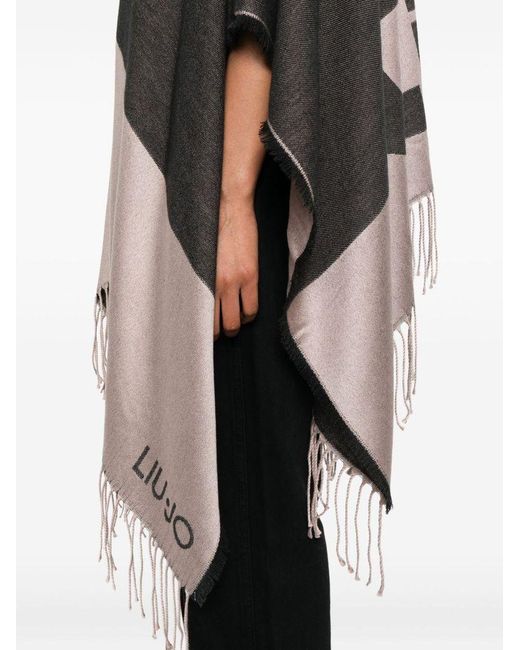 Liu Jo Black Logo-Detail Fringed Poncho