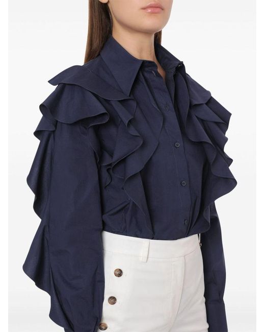 Alberta Ferretti Blue Stretch-Cotton Ruffled Detailing