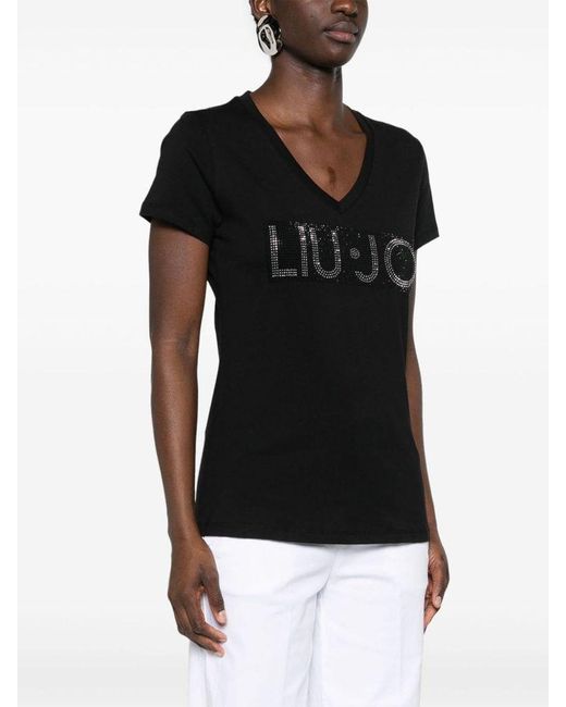 | T-shirt in cotone con logo con strass | female | NERO | S di Liu Jo in Black