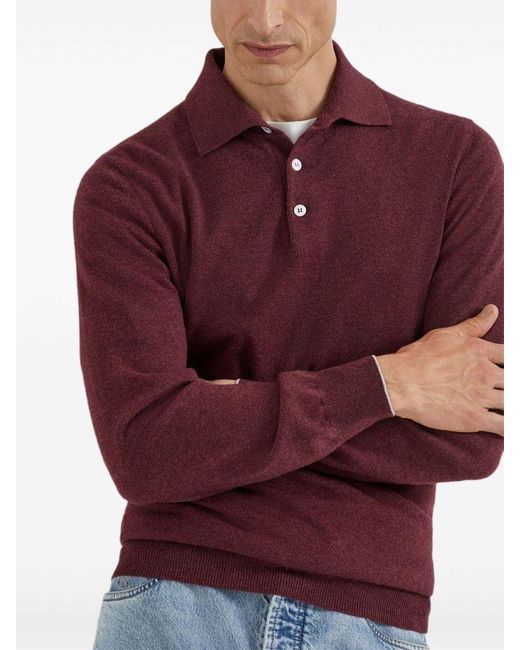Brunello Cucinelli Red Long-Sleeve Cashmere Polo Shirt for men