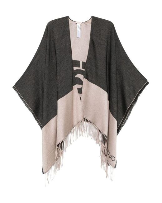 Liu Jo Black Logo-Detail Fringed Poncho