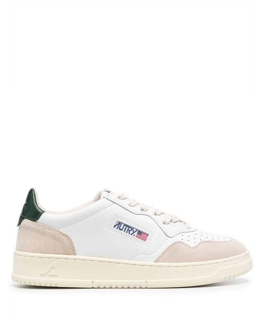 Autry White Medalist Low Sneakers In And Dark Green Suede And Leather