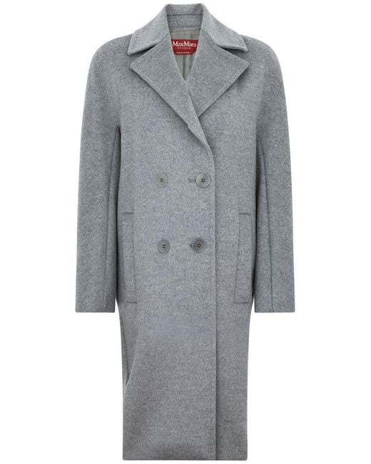 Max Mara Gray 'Agenda' Double-Breasted Virgin Wool Coat