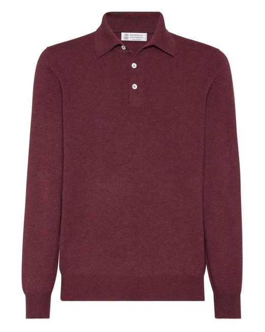 Brunello Cucinelli Red Long-Sleeve Cashmere Polo Shirt for men