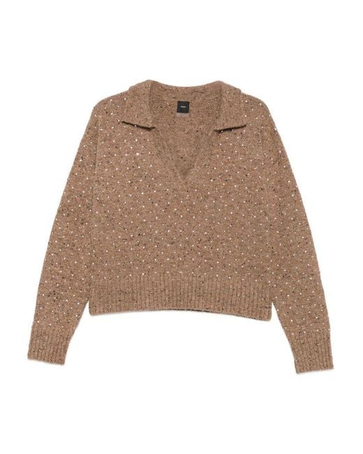 Pinko Natural Rhinestone-Embellished Polo-Neck Sweater