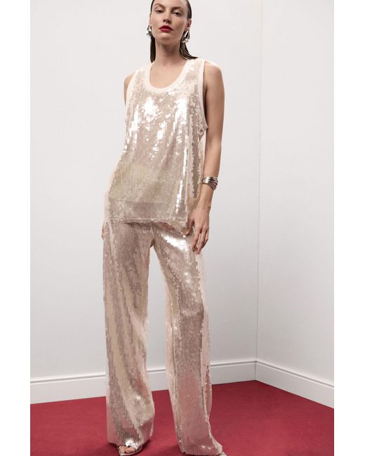 Pantaloni Palazzo A Vita Alta Con Paillettes di Dixie in White