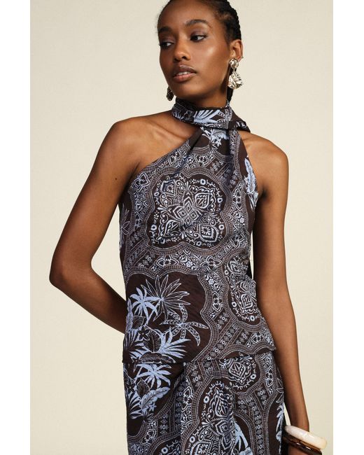 Top Asymétrique À Motif Bandana Avec Nœud Dixie en coloris Blue