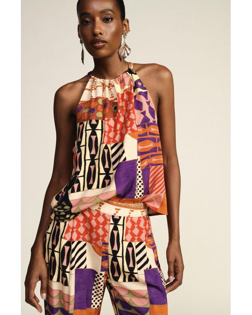 Top Imprimé Patchwork Coupe Ample Col Halter Dixie en coloris Orange
