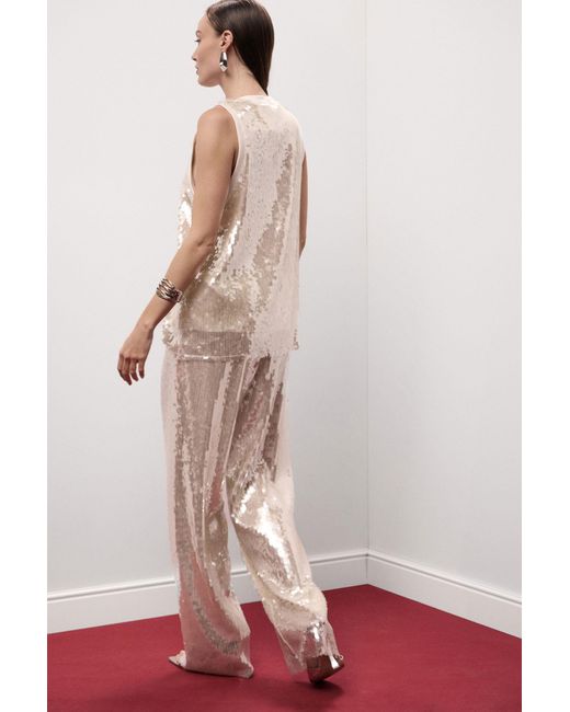 Pantaloni Palazzo A Vita Alta Con Paillettes di Dixie in White