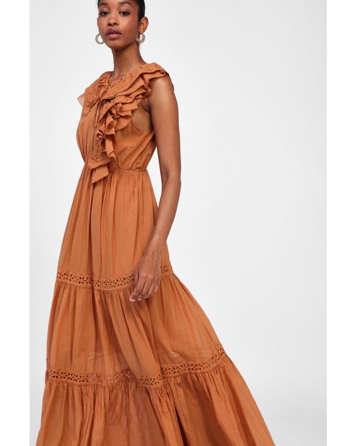 Vestito Lungo Con Dettagli A Balze di Dixie in Brown
