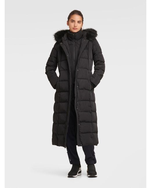 Dkny Matte Maxi Puffer With Faux Fur, Hooded Puffer Coat With Faux Fur Trim Belt In Black Dress