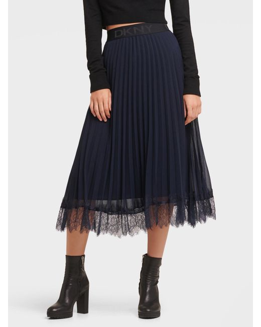 DKNY Pleated Skirt With Lace Hem in Blue - Lyst