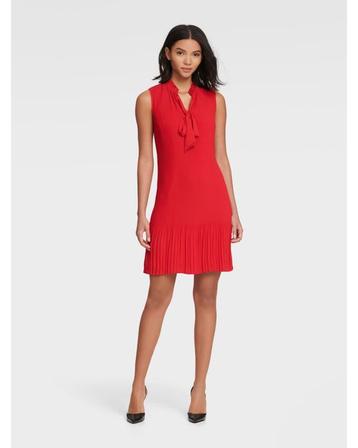 dkny long sleeve tie neck pleated shift dress