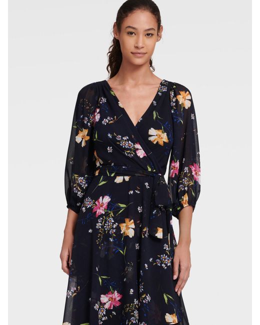 DKNY Floral Faux Wrap Dress With Balloon Sleeve in Blue | Lyst