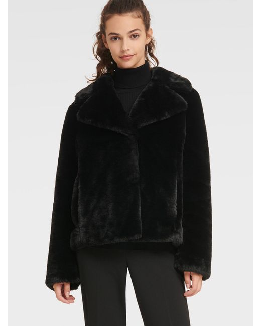 Dkny Short Faux Fur Coat In Black Lyst, Short Black Faux Fur Coat With Hood