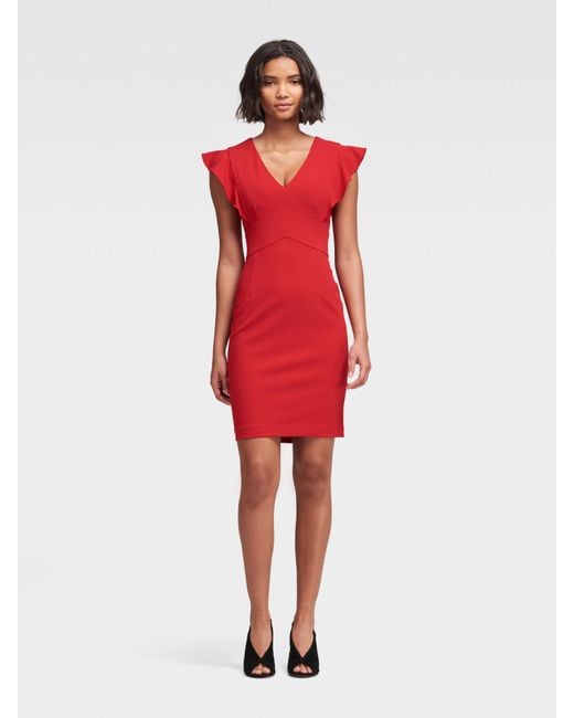 DKNY Synthetic Sheath Dress With Ruffle Sleeve in Red Lyst