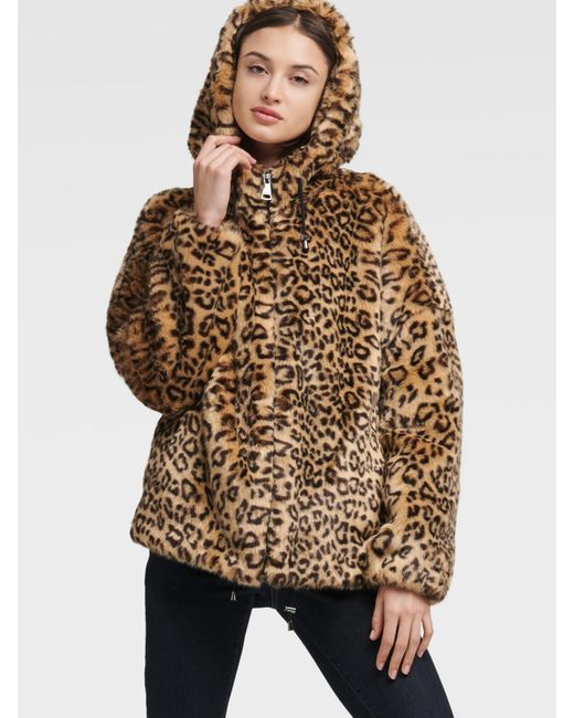 DKNY Faux Fur Leopard Print Bomber in Brown - Lyst
