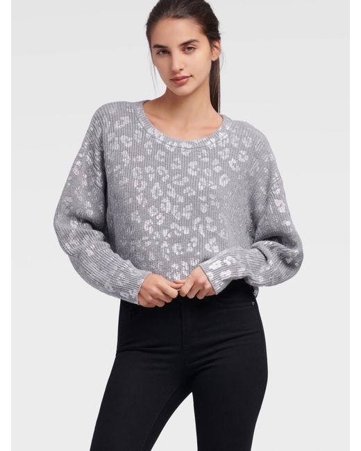 DKNY Cropped Leopard Sweater in Gray - Lyst