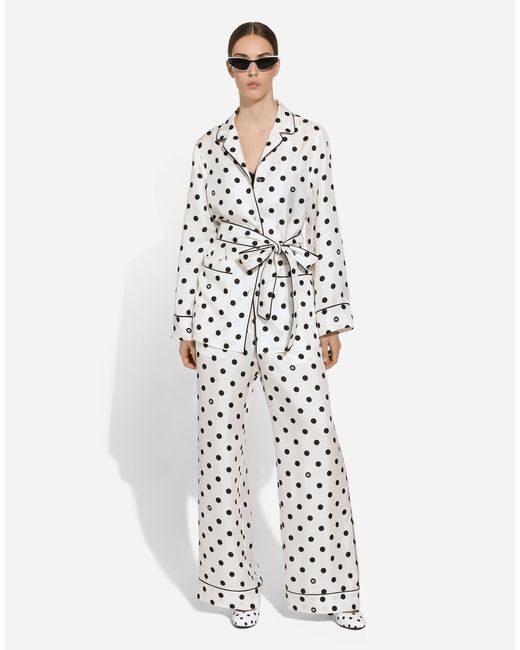Dolce & Gabbana White Silk Pajama Pants With Polka-Dot