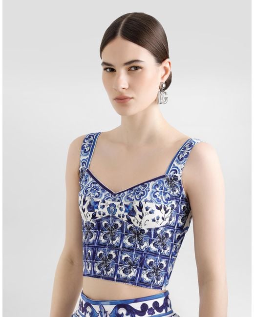 Dolce & Gabbana Blue Majolica-Print Charmeuse Corset