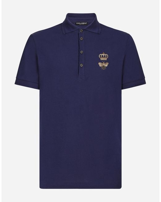 Dolce & Gabbana Blue Cotton Piqué Polo-Shirt With Embroidery for men