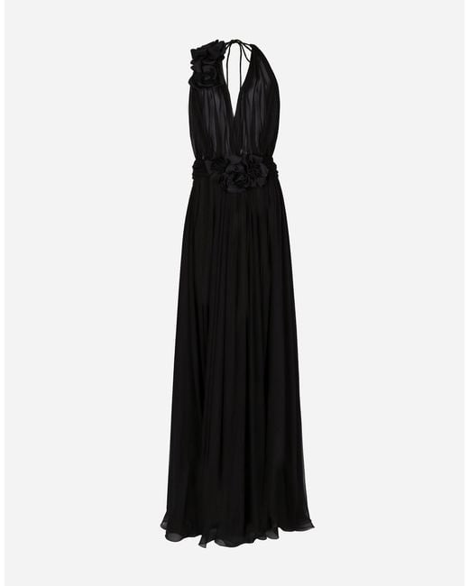Dolce & Gabbana Black Long Silk Chiffon Dress With Floral Appliqué