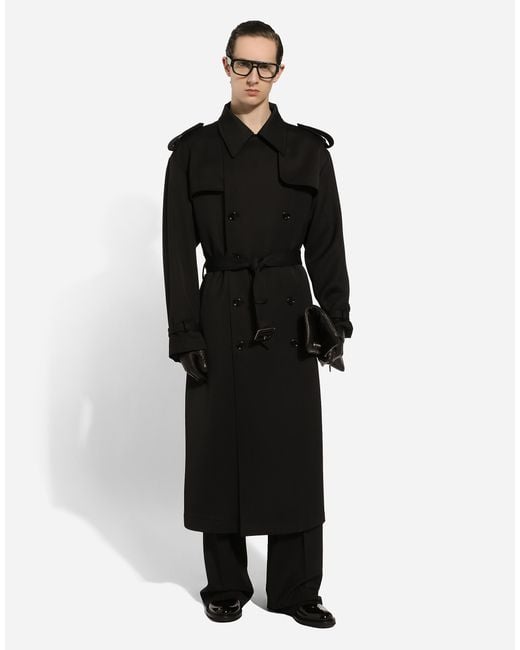 Dolce & Gabbana Black Double-Breasted Wool Trench Coat for men