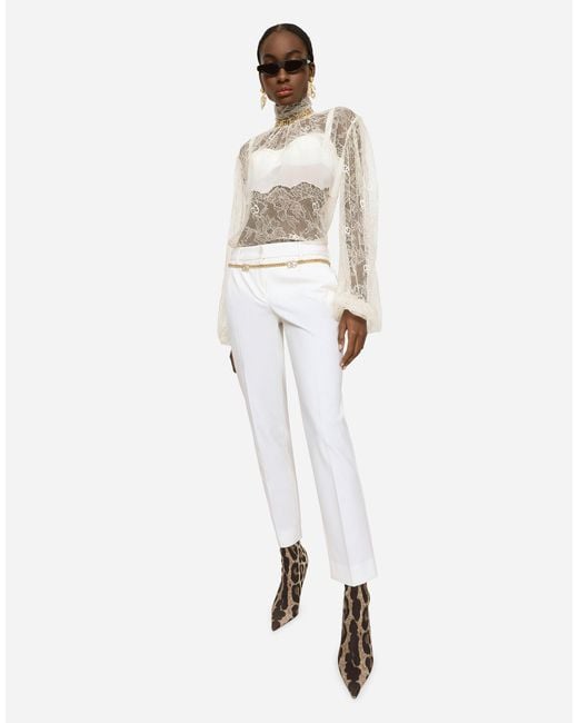 Dolce & Gabbana White Floral Lace Turtle-Neck Blouse