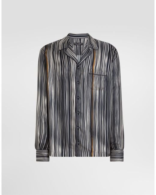 Dolce & Gabbana Gray Stripe-Print Hawaii Silk Twill Shirt for men
