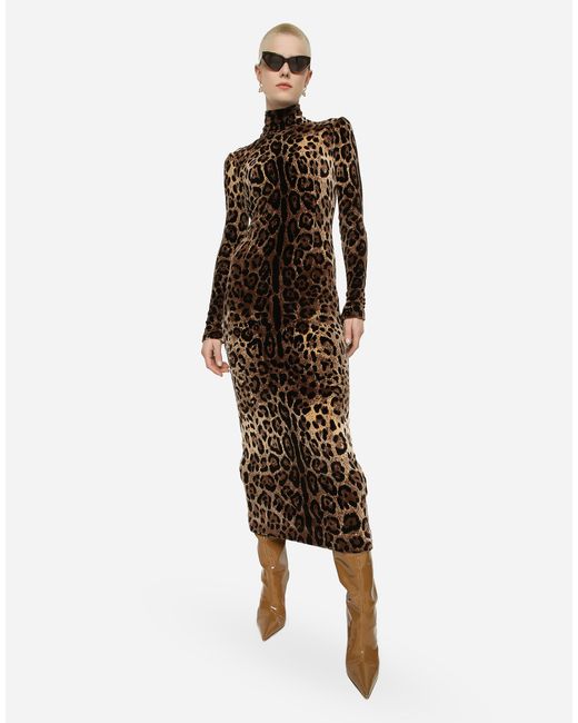 Dolce & Gabbana Multicolor Long Chenille Dress With Jacquard Leopard Design