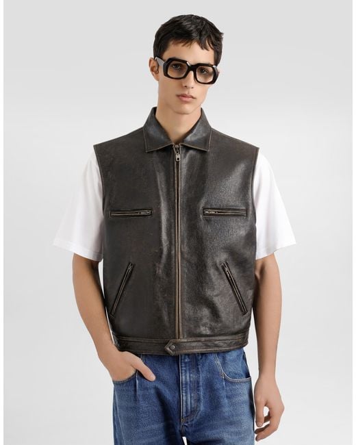 Dolce & Gabbana Black Zip-Fastening Leather Waistcoat for men