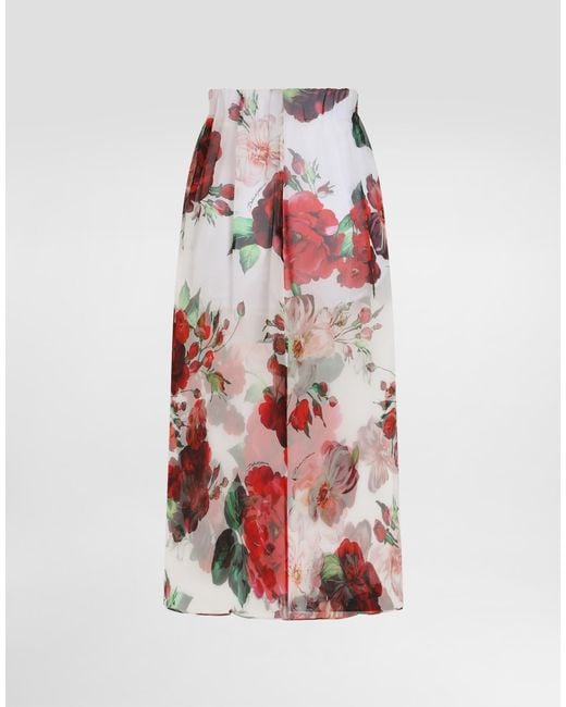 Dolce & Gabbana White Rose- Chiffon Calf-Length Skirt