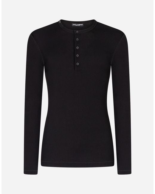 Dolce & Gabbana Black Fine-Rib Cotton Granddad-Neck T-Shirt With Long Sleeves for men