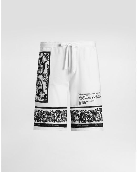 Dolce & Gabbana White Majolica-Print Double Piqué Bermuda Shorts for men