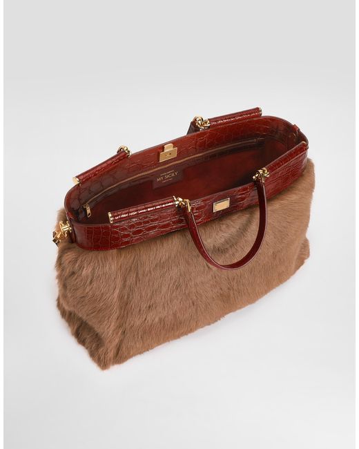 Dolce & Gabbana Brown My Sicily Shearling And Alligator Handbag